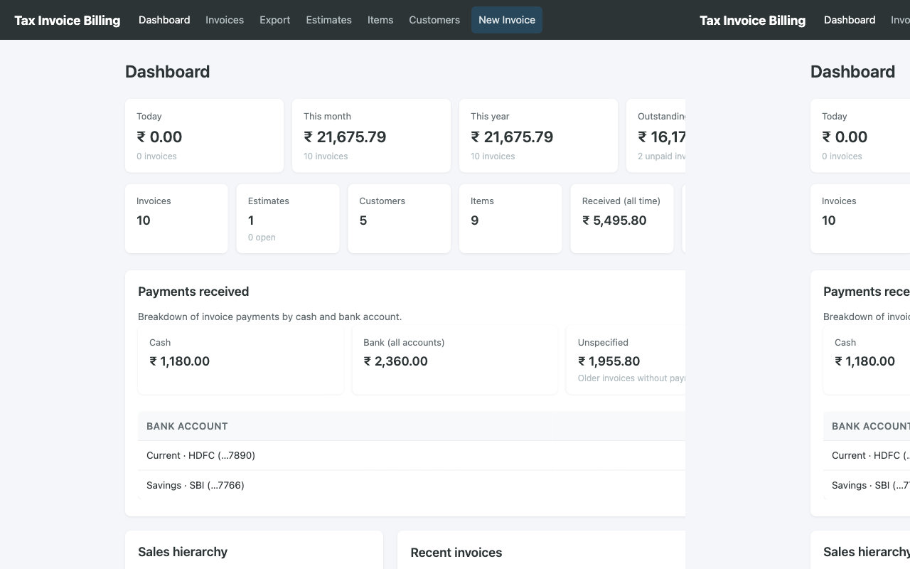 Tax Invoice Billing dashboard showing sales totals and payments received