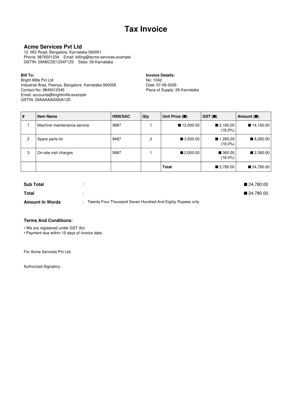 Sample GST tax invoice PDF preview